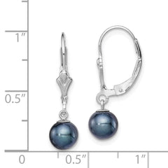 QE7704 Sterling Silver Rhodium-plated 6-7mm Black Round Freshwater Cultured Pearl Leverback Dangle Earrings