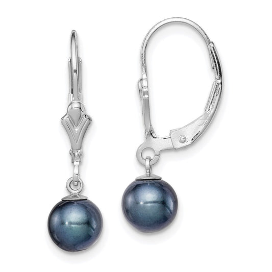 QE7704 Sterling Silver Rhodium-plated 6-7mm Black Round Freshwater Cultured Pearl Leverback Dangle Earrings