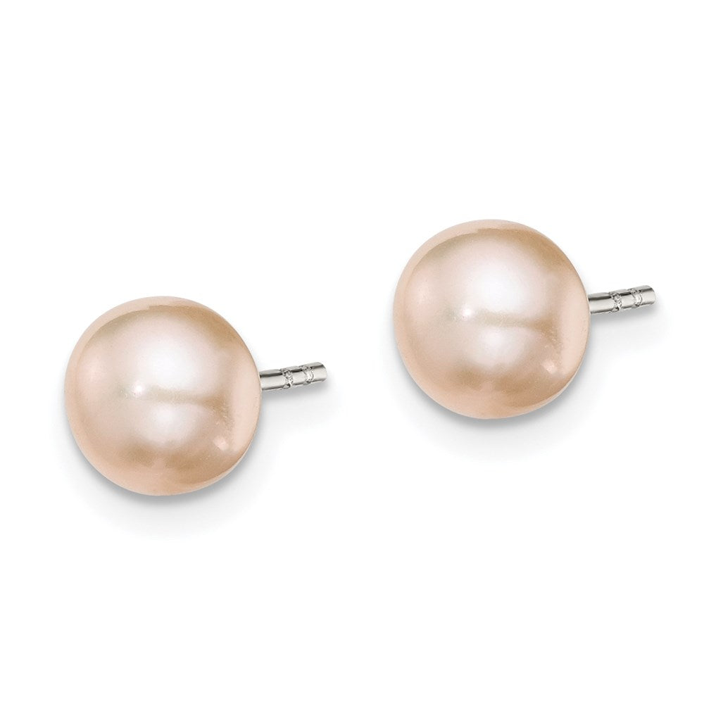 QE7784 Sterling Silver Rhodium-plated 6-7mm Pink Button Freshwater Cultured Pearl Post Earrings