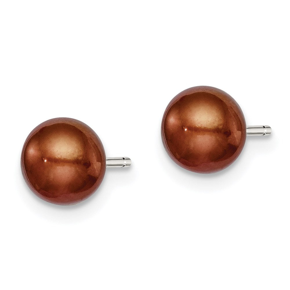 QE7786 Sterling Silver Rhodium-plated 6-7mm Brown Button Freshwater Cultured Pearl Post Earring