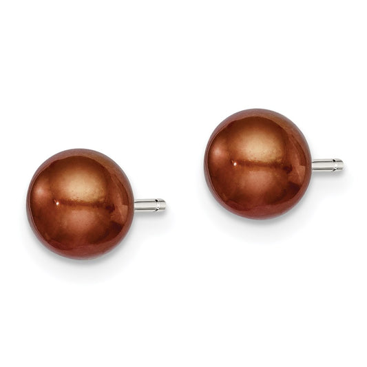 QE7786 Sterling Silver Rhodium-plated 6-7mm Brown Button Freshwater Cultured Pearl Post Earring