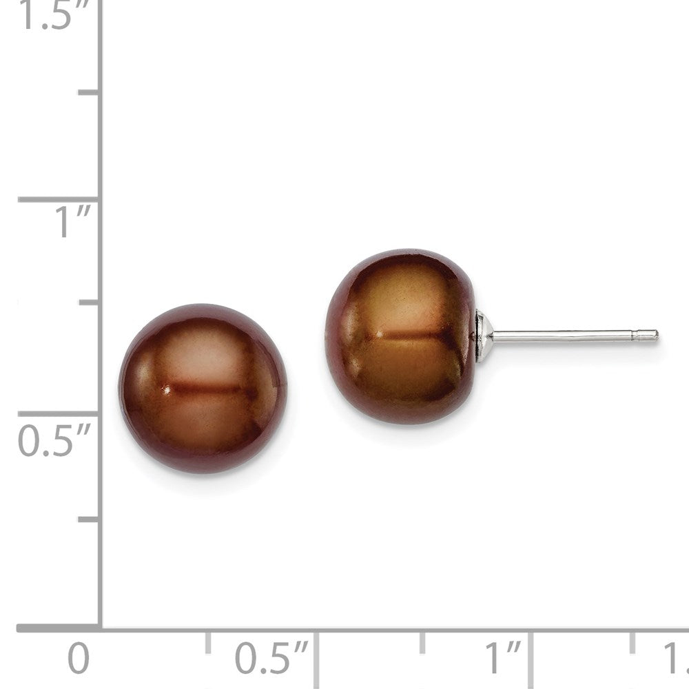 QE7787 Sterling Silver Rhodium-plated 10-11mm Brown Button Freshwater Cultured Pearl Post Earrings