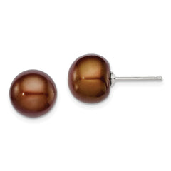 QE7787 Sterling Silver Rhodium-plated 10-11mm Brown Button Freshwater Cultured Pearl Post Earrings