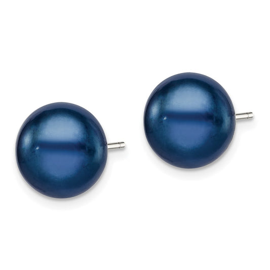 QE7796 Sterling Silver Rhodium-plated 10-11mm Black Button Freshwater Cultured Pearl Post Earrings