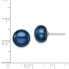 QE7796 Sterling Silver Rhodium-plated 10-11mm Black Button Freshwater Cultured Pearl Post Earrings