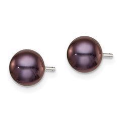 QE7797 Sterling Silver Rhodium-plated 6-7mm Black Button Freshwater Cultured Pearl Post Earrings