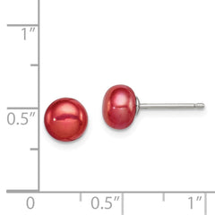 QE7798 Sterling Silver Rhod-pltd Red 6-7mm Button FWC Pearl Post Earrings