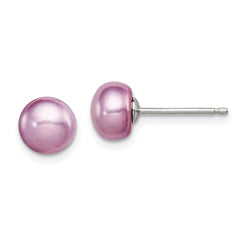 QE7805 Sterling Silver Polished Purple 6-7mm Freshwater Cultured Pearl Button Post Earrings