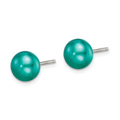 QE7806 Sterling Silver Polished Teal 6-7mm Freshwater Cultured Pearl Button Post Earrings