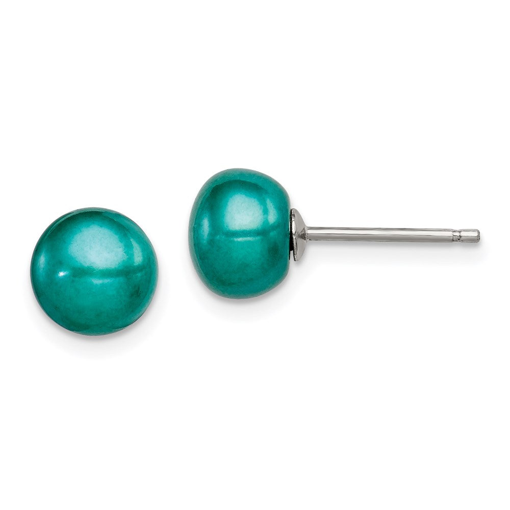 QE7806 Sterling Silver Polished Teal 6-7mm Freshwater Cultured Pearl Button Post Earrings