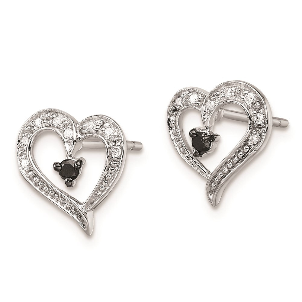 QE7872 White Night Sterling Silver Rhodium-plated Black and White Diamond Heart Post Earrings