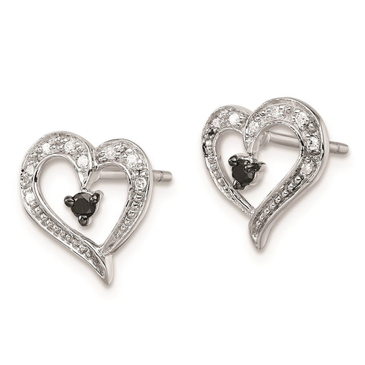 QE7872 White Night Sterling Silver Rhodium-plated Black and White Diamond Heart Post Earrings
