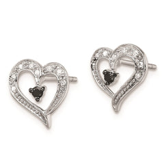 QE7872 White Night Sterling Silver Rhodium-plated Black and White Diamond Heart Post Earrings