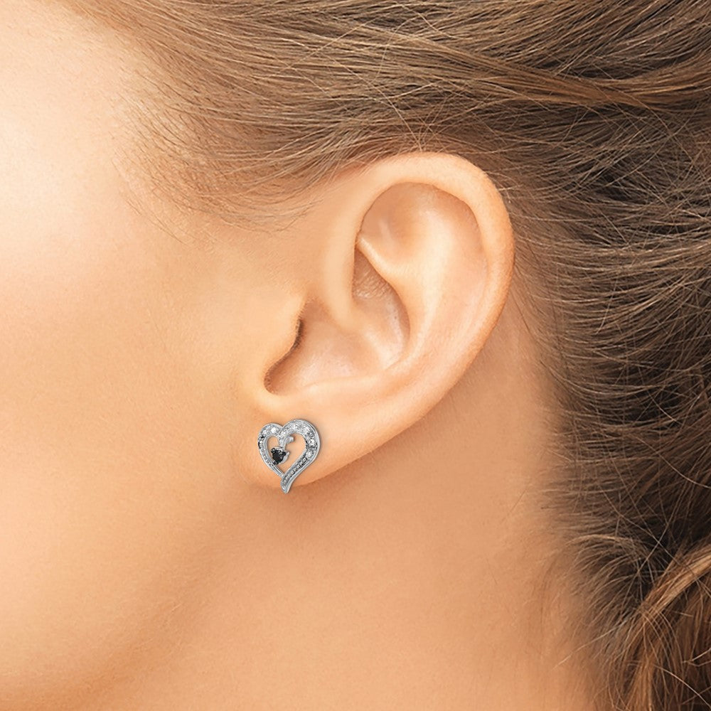 QE7872 White Night Sterling Silver Rhodium-plated Black and White Diamond Heart Post Earrings