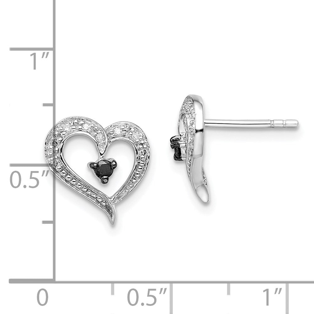 QE7872 White Night Sterling Silver Rhodium-plated Black and White Diamond Heart Post Earrings