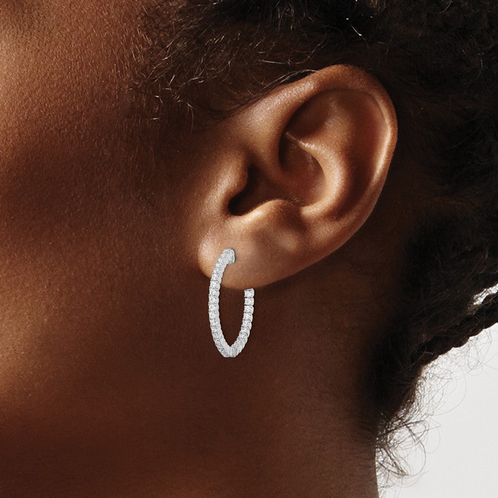 QE7942 Sterling Shimmer Sterling Silver Rhodium-plated 60 Stone 1.5mm CZ In and Out Round Hinged Hoop Earrings