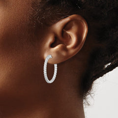 QE7950 Sterling Shimmer Sterling Silver Rhodium-plated 60 Stone 2mm CZ In and Out Round Hinged Hoop Earrings