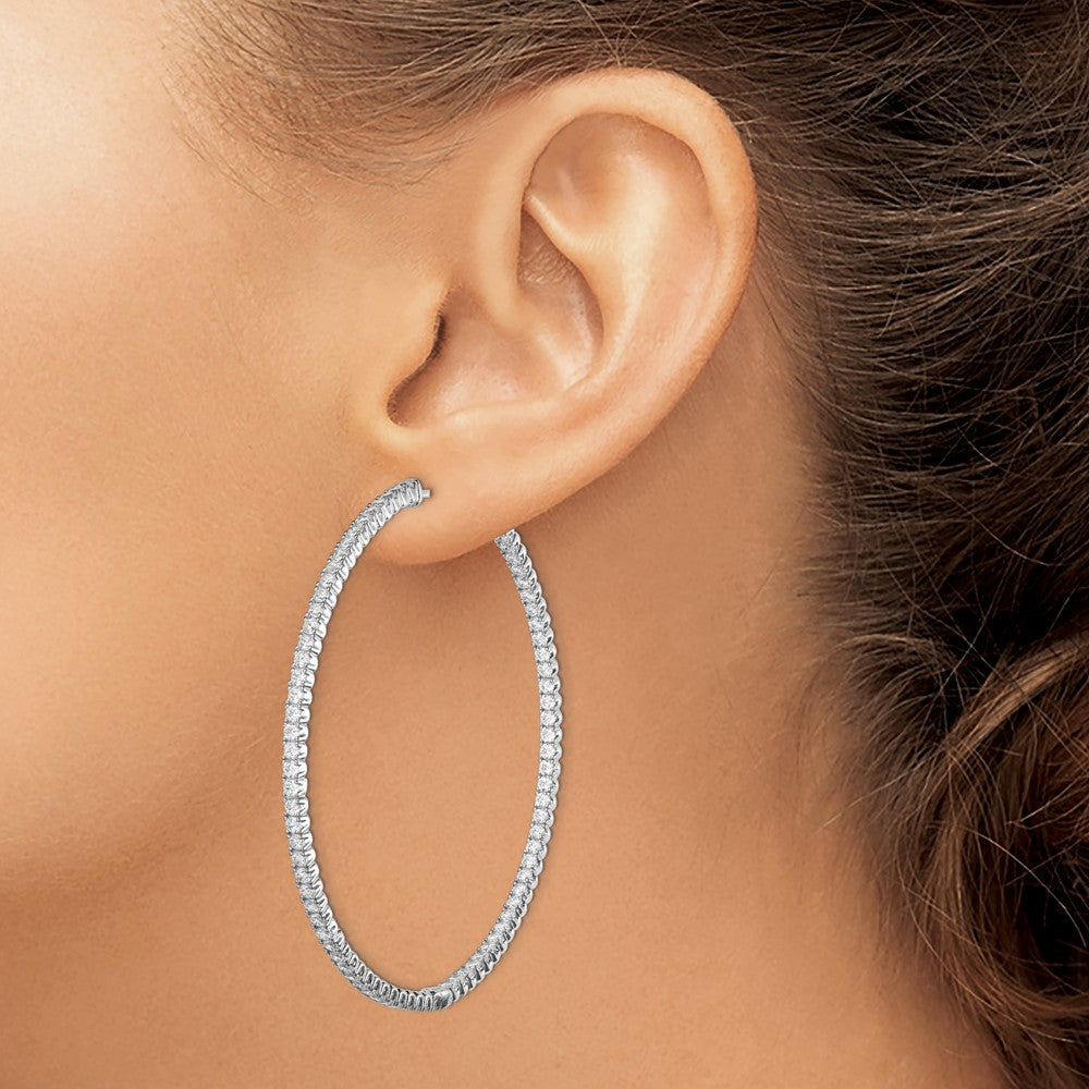QE7952 Sterling Shimmer Sterling Silver Rhodium-plated 166 Stone 2mm CZ In and Out Round Hinged Hoop Earrings