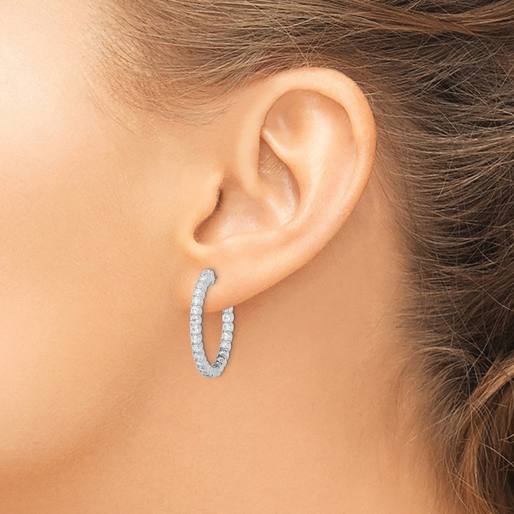 QE7954 Sterling Shimmer Sterling Silver Rhodium-plated 50 Stone 2.1mm CZ In and Out Round Hinged Hoop Earrings