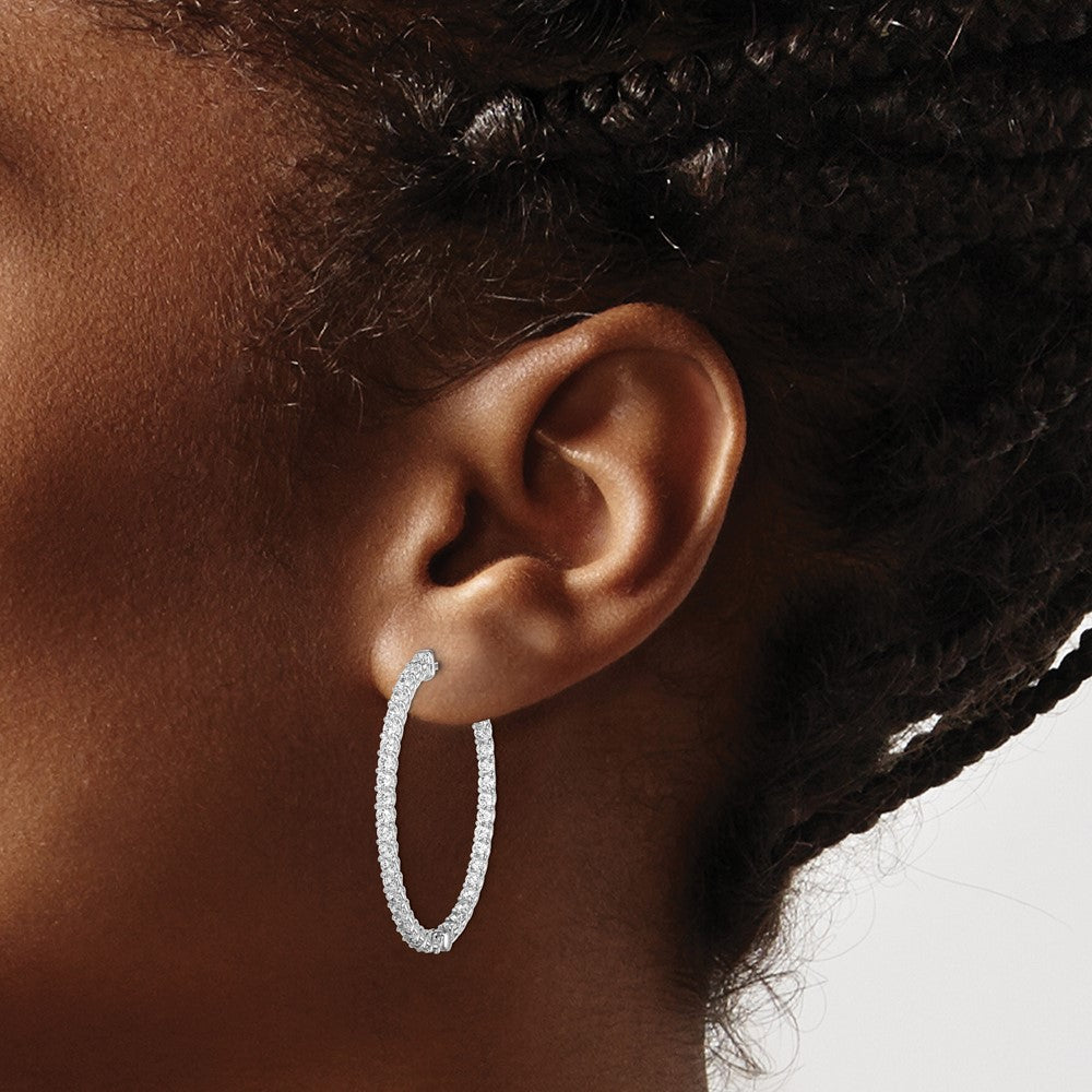 QE7992 Sterling Shimmer Sterling Silver Rhodium-plated 76 Stone 2mm CZ In and Out Oval Hinged Hoop Earrings