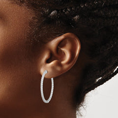 QE7992 Sterling Shimmer Sterling Silver Rhodium-plated 76 Stone 2mm CZ In and Out Oval Hinged Hoop Earrings
