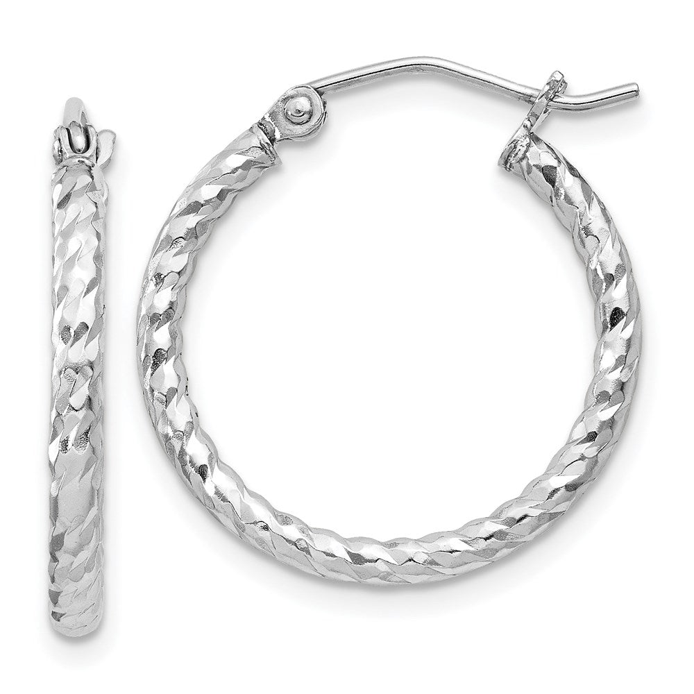 QE8075 Sterling Silver Rhodium Plated Diamond-cut 2x20mm Hoop Earrings