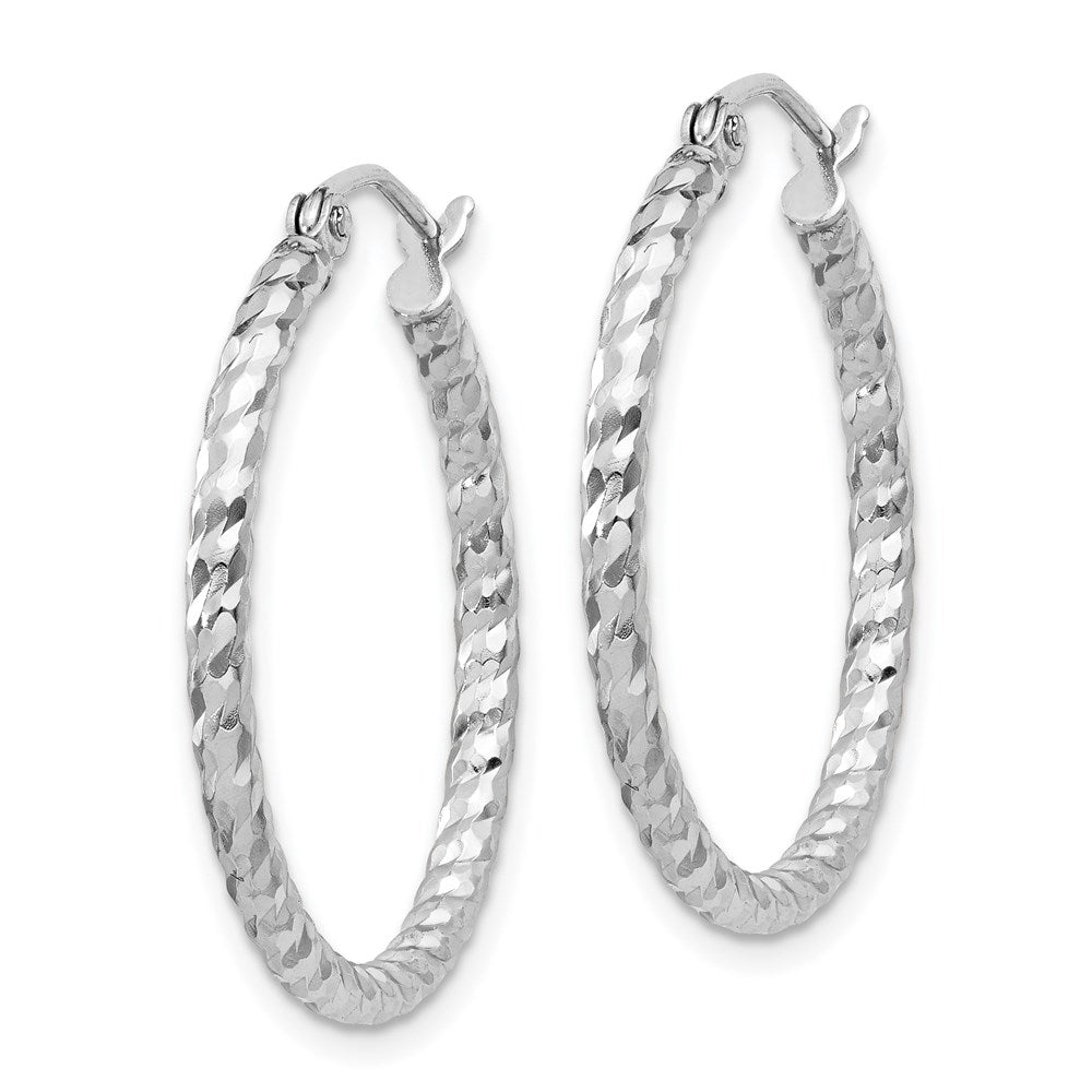 QE8076 Sterling Silver Rhodium Plated Diamond-cut 2x25mm Hoop Earrings