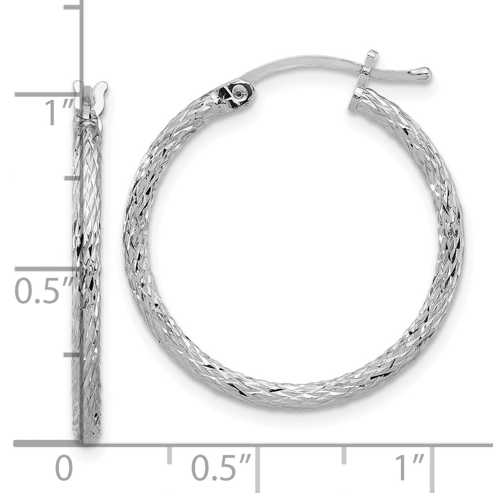 QE8076 Sterling Silver Rhodium Plated Diamond-cut 2x25mm Hoop Earrings