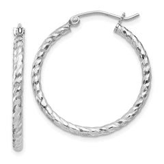 QE8076 Sterling Silver Rhodium Plated Diamond-cut 2x25mm Hoop Earrings