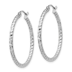 QE8077 Sterling Silver Rhodium Plated Diamond-cut 2x30mm Hoop Earrings