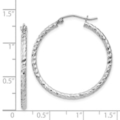 QE8077 Sterling Silver Rhodium Plated Diamond-cut 2x30mm Hoop Earrings
