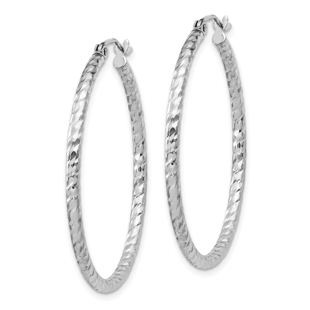 QE8078 Sterling Silver Rhodium Plated Diamond-cut 2x35mm Hoop Earrings
