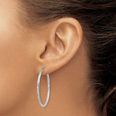 QE8078 Sterling Silver Rhodium Plated Diamond-cut 2x35mm Hoop Earrings