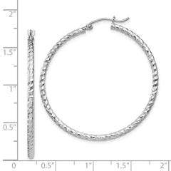QE8079 Sterling Silver Rhodium Plated Diamond-cut 2x40mm Hoop Earrings