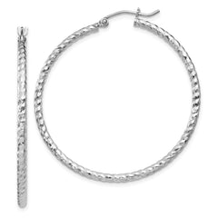 QE8079 Sterling Silver Rhodium Plated Diamond-cut 2x40mm Hoop Earrings