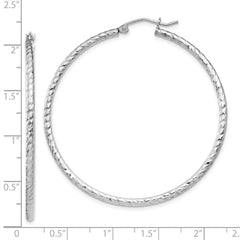 QE8081 Sterling Silver Rhodium Plated Diamond-cut 2x50mm Hoop Earrings