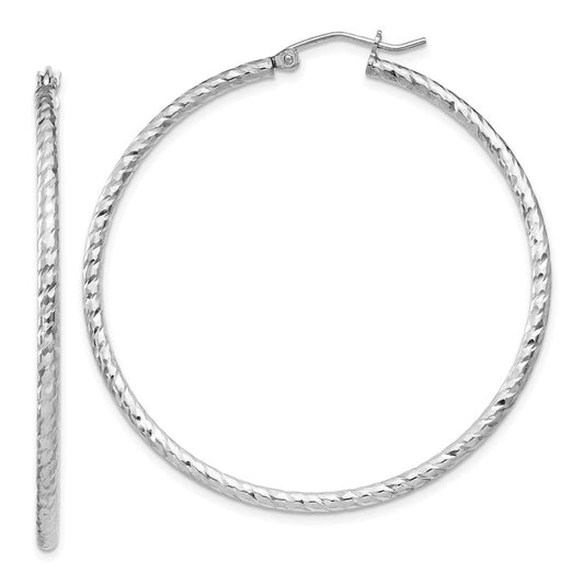 QE8081 Sterling Silver Rhodium Plated Diamond-cut 2x50mm Hoop Earrings