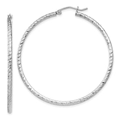 QE8081 Sterling Silver Rhodium Plated Diamond-cut 2x50mm Hoop Earrings