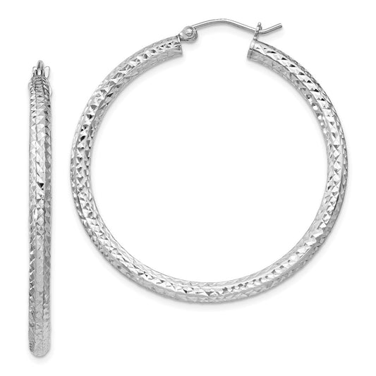 QE8090 Sterling Silver Rhodium-plated D/C 3x40mm Hoop Earrings