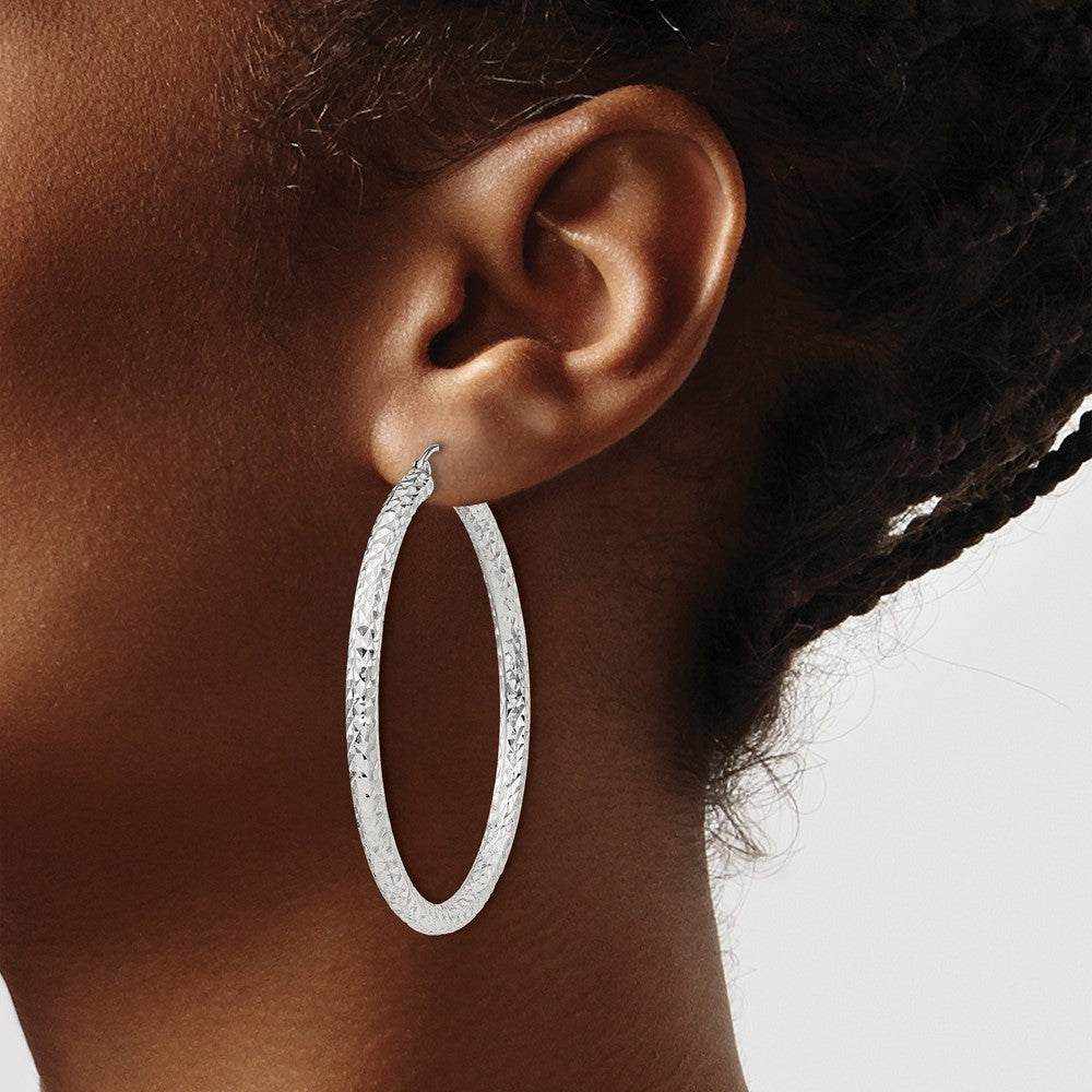 QE8091SP Sterling Silver D/C 3x45mm Hoop Earrings