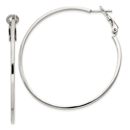 QE8107 Sterling Silver RH-plated 1.5x50mm Omega Back Round Hoop Earrings