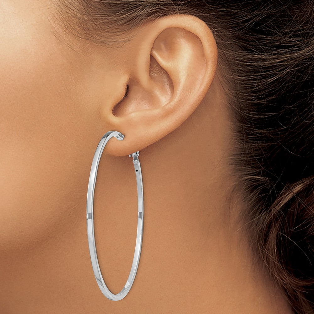 QE8109 Sterling Silver RH-plated 2x60mm Omega Back Round Hoop Earrings