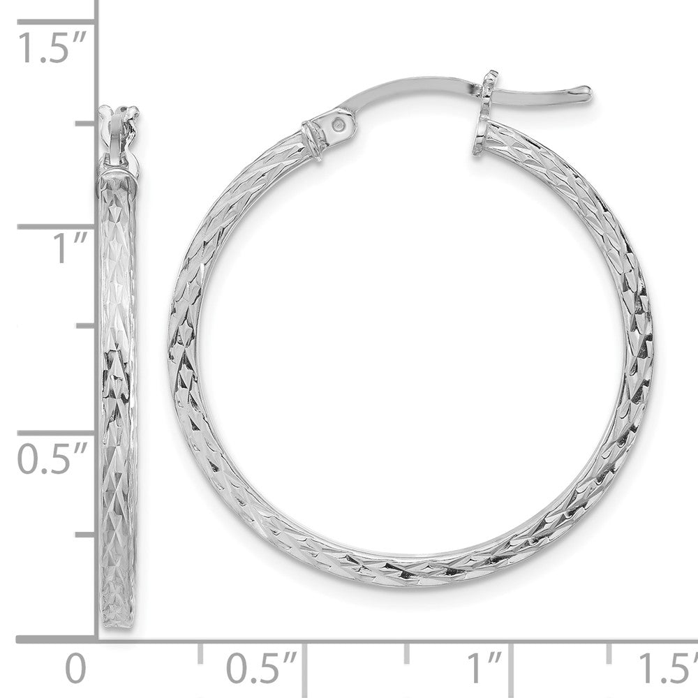 QE8112 Sterling Silver Rhodium-plated Diamond-cut 2x30mm Square Tube Hoop Earrings