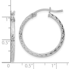 QE8113 Sterling Silver Rhodium-plated Diamond-cut 2x25mm Square Tube Hoop Earrings