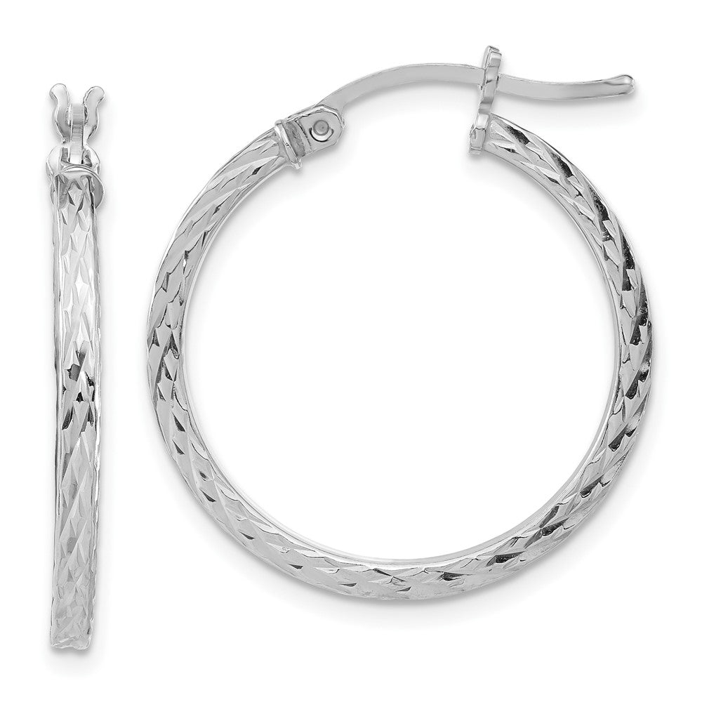QE8113 Sterling Silver Rhodium-plated Diamond-cut 2x25mm Square Tube Hoop Earrings