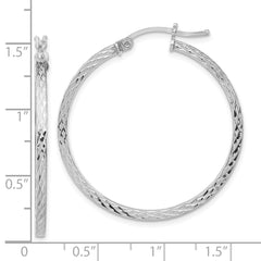 QE8115 Sterling Silver Rhodium-plated Diamond-cut 2x35mm Square Tube Hoop Earrings