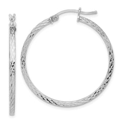 QE8115 Sterling Silver Rhodium-plated Diamond-cut 2x35mm Square Tube Hoop Earrings