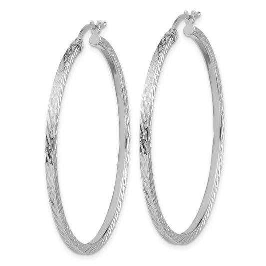 QE8117 Sterling Silver Rhodium-plated Diamond-cut 2x45mm Square Tube Hoop Earrings