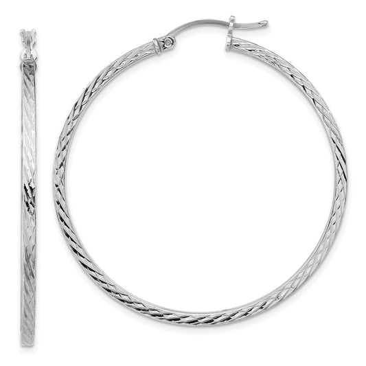 QE8117 Sterling Silver Rhodium-plated Diamond-cut 2x45mm Square Tube Hoop Earrings