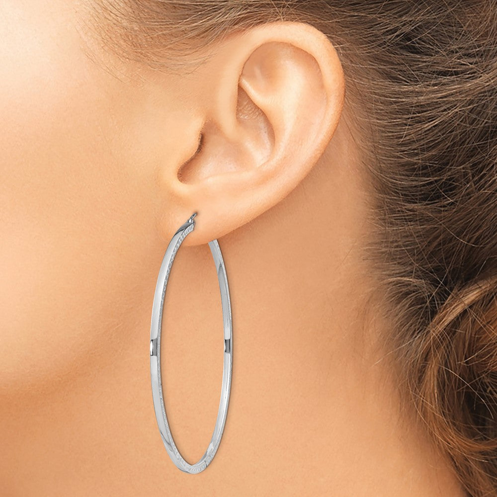 QE8118 Sterling Silver Rhodium-plated Diamond-cut 2x60mm Square Tube Hoop Earrings